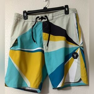 VISSLA Blue and Yellow Geometric Board Shorts